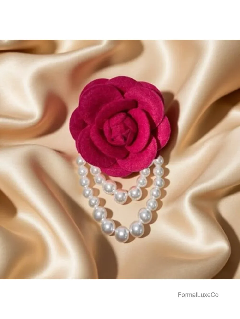 Vintage Fabric Camellia Flower Pearl Tassel Brooch Pin